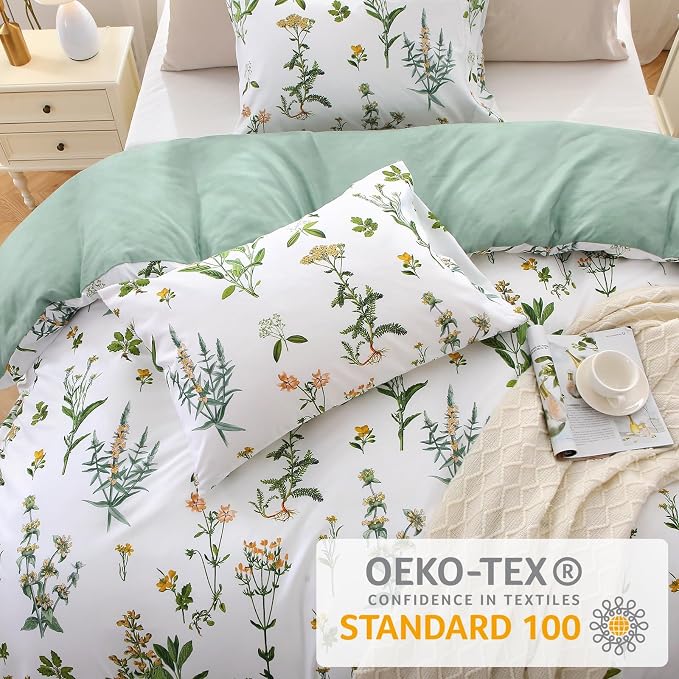 MUXHOMO Duvet Cover Queen Size, Reversible Floral Green Flower Duvet Cover Set with Zipper Closure, 3 Pieces Botanical Patterns Soft Microfiber Bedding Set with 4 Ties (90"x90", 2 Pillow Cases)