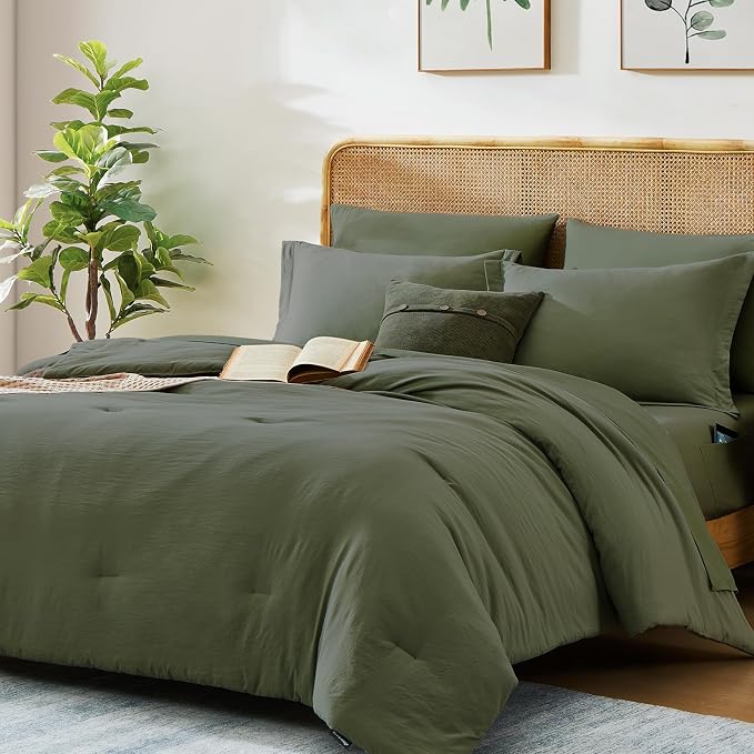 Oversized King Size Comforter Set- 7 Pieces Bed in a Bag King Bedding Sets | Prewashed All Season Comforter with Sheets, Pillow Shams & Pillowcases,Olive Green