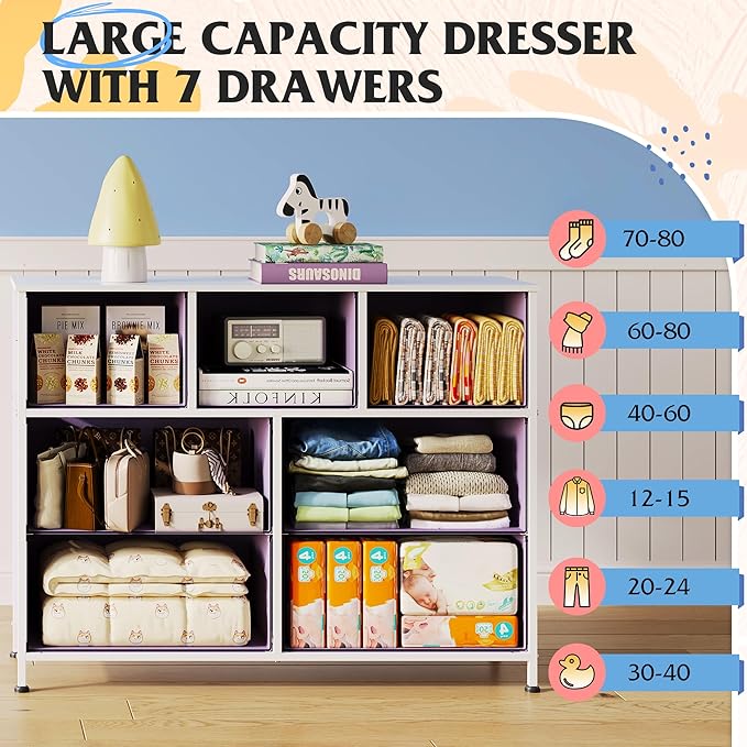 WLIVE Dresser for Bedroom, 7 Drawers, TV Stand, A-Pink | 7 roomy fabric drawers, Fits TVs up to 45 inch, Bedroom or living room, Wide storage design, Chest of drawers