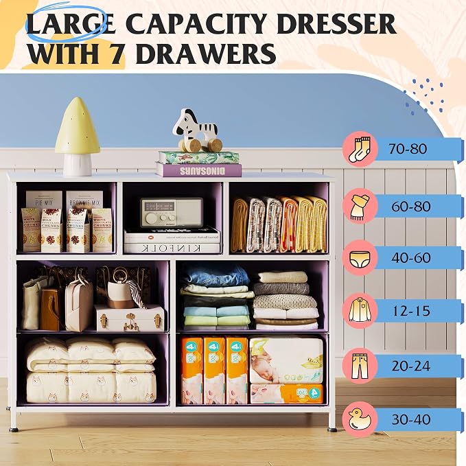WLIVE Dresser for Bedroom, 7 Drawers, TV Stand, Purple | 7 roomy fabric drawers, Fits TVs up to 45 inch, Bedroom or living room, Wide storage design, Chest of drawers