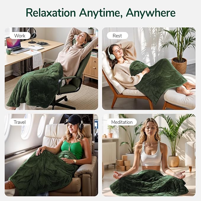 Weighted Lap Blanket for Adults, 7 lbs 41" x 53", Leaf Pattern, Olive Green | Washable Weighted Blankets, Small Portable Blanket for Relaxation, Cozy Luxury Crystal Velvet All-Season Heavy Blanket
