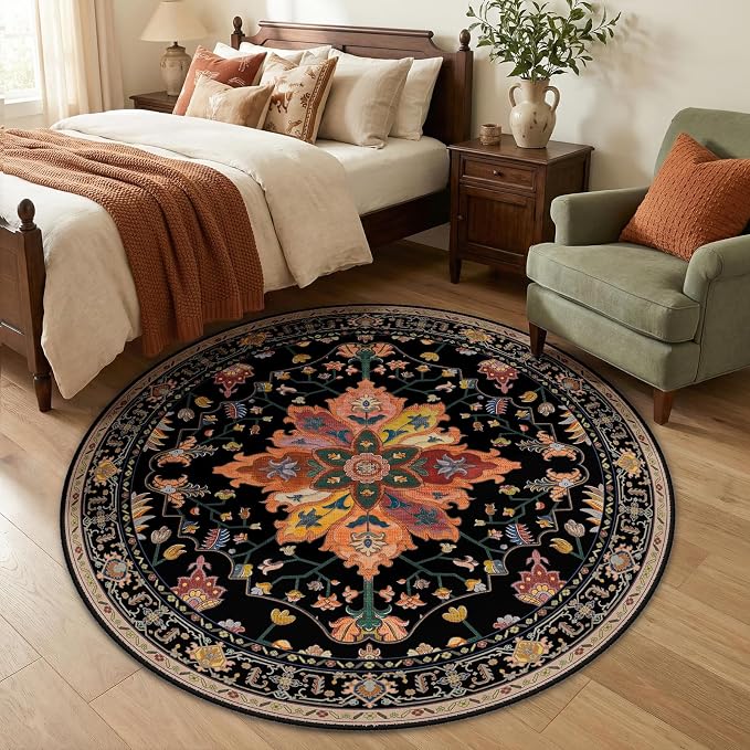 RELEANY Washable Area Rug, Round 5ft, Black/Colorful | Non-Slip, Water Repellent, Pet Friendly, Easy to Clean, Vintage Floral Boho Decor for Living Room Bedroom Dining Room