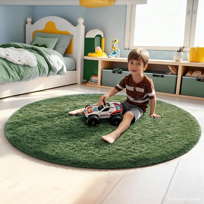 Ophanie Round Rug 5Ft Grey Green Circle Area Rug, Grayish Green Room Decor, Fluffy Fuzzy Bedroom Carpet,Plush Soft Shaggy Living Room Rugs for Kids Home Aesthetic,Nursery with Over 99 pcs Pile fibers