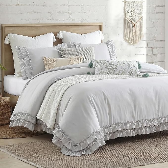 Bedorm Gray Duvet Cover Set Twin Ruffle Bedding Set Pleat Ruffled Shabby Chic Comforter Cover Extra Soft & Easy Care Gray Boho Duvet Cover with Zipper Closure