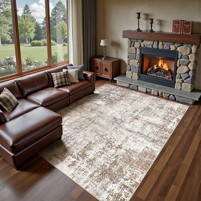 UERMEI 10x12 Washable Area Rug - Neutral Modern Abstract Living Room Rugs, Non-Slip Soft Large Indoor Floor Carpet for Bedroom Home Office & Under Dining Table Decor, Brown/Grey/Red