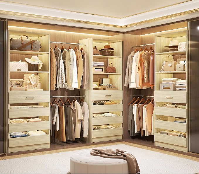 Aheaplus Closet System with 12 Drawers, 8.5-11.5Ft Wood Closet Organizer | White Oak Closet Storage with 4 Hanging Rods & 3 Towers, 4Ft & 6Ft L-Shaped Walk-in Closets Wardrobe Organizer, Set of 3