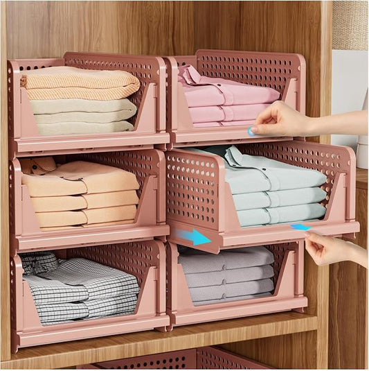 SNSLXH 5 Pack Stackable Closet Organizer Box, Multifunctional & Foldable Closet Storage Basket for Bathroom Kitchen Laundry Room Wardrobe Storage, Space-Saving Clothes Storage Drawer Organizer, Pink | Stackable & Foldable Closet Storage Bins for Bathro...
