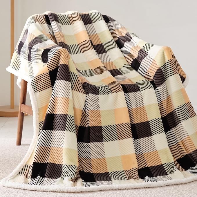 Sherpa Plaid Twin Blanket 60" X 70", Fuzzy Fluffy Soft Cozy Throw Blanket, Twin Size Plush Fleece Flannel Plush Microfiber Blanket for Couch Bed Sofa (Brown Color)