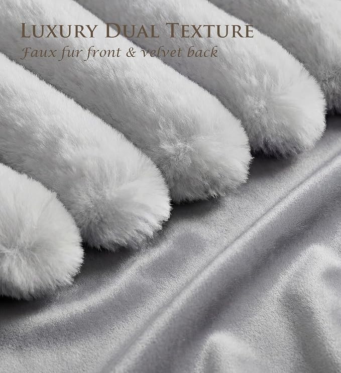 Pack of 2 Throw Pillow Covers 20x20 Decorative Solid Plush Faux Fur with Soft Velvet Back, Square Striped Cushion Cases Modern Farmhouse Home Decor for Living Room Couch Sofa Bed Neutral Gray