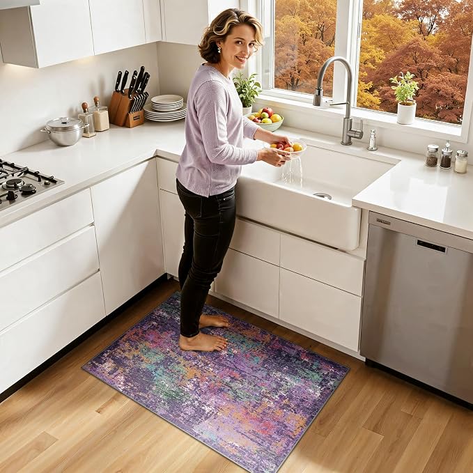 RELEANY Washable 2'x3' Abstract Area Rug for Living Room Purple Multi | Carpet for Bedroom, Kitchen, Office, Hallway and Entryway, Printed Pattern, Non‑Slip, Soft, Stain‑Resistant, Easy to Clean