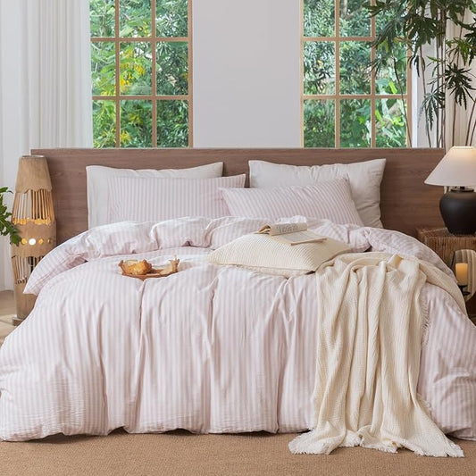 MooMee Striped Duvet Cover Set 100% Washed Cotton Linen Like Twin | Relaxed Linen-like Texture. Soft, Breathable & Long-lasting Comfort. Lightweight. Hidden Zipper with 8 Interior Corner Ties