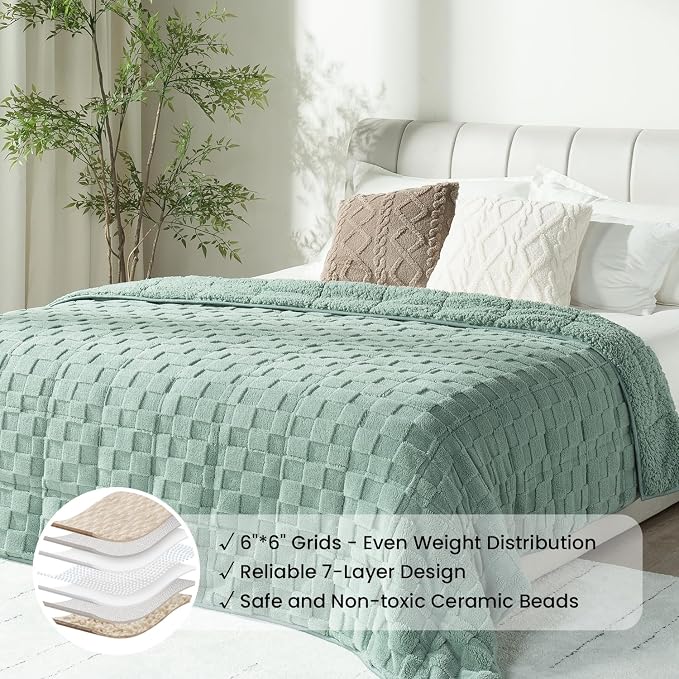 Drewin Adult Weighted Blankets 20lbs, Cozy Fluffy Jacquard Checkered Sherpa Weighted Blankets Queen Size 60 x 80 inches, Soft Winter Heavy Blanket for Couch Bed, Ceramic Beads, Sage Green | Stress Relief & Promotes Sleep,Cozy Heavy Throw Blankets,Soft ...