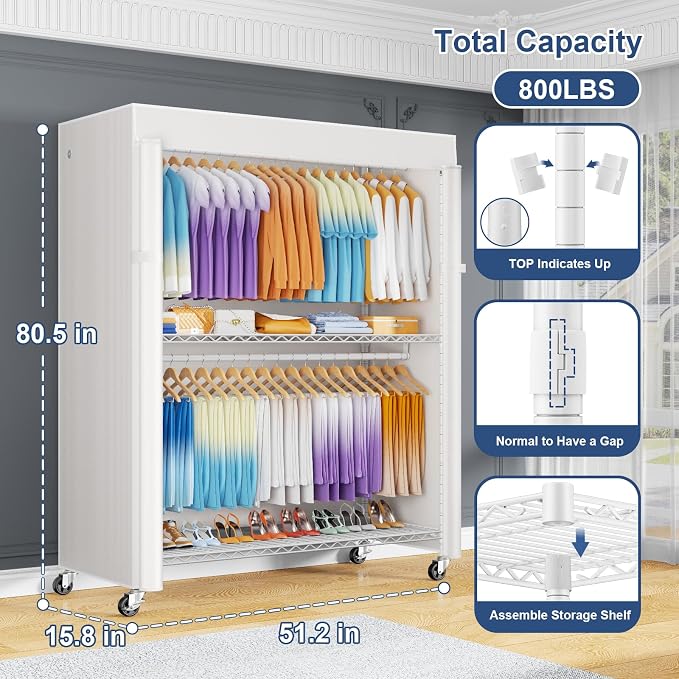 P8C Max Heavy Duty Clothes Rack（With Extended Width Design） Rolling Clothing Racks for Hanging Clothes with Lockable Wheels，51.2"W x 15.8"D x 80.5"H，Load 800LBS，White Rack with White Cover