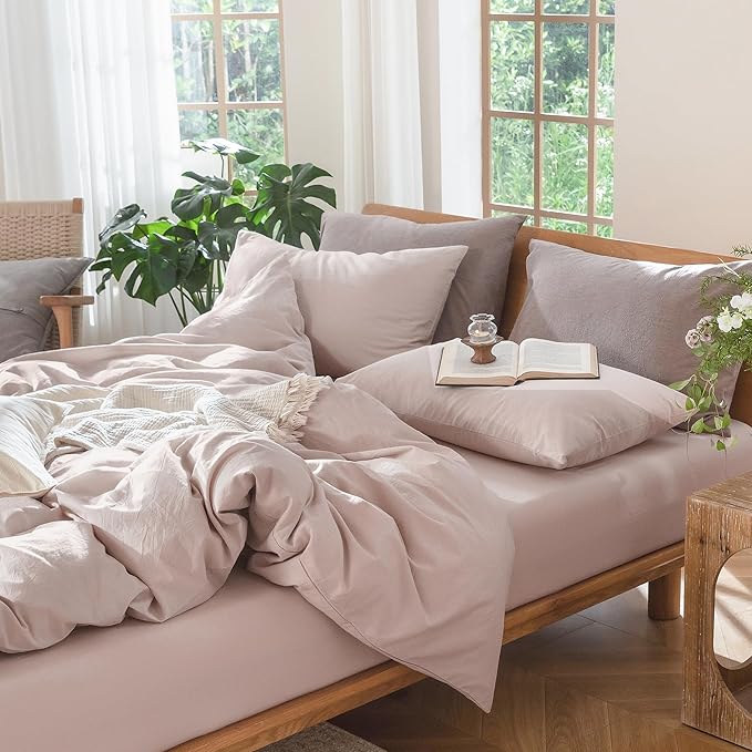 MooMee Duvet Cover Set 100% Washed Cotton Linen Like Full | Relaxed Linen-like Texture. Soft, Breathable & Long-lasting Comfort. Lightweight. Hidden Zipper with 8 Interior Corner Ties