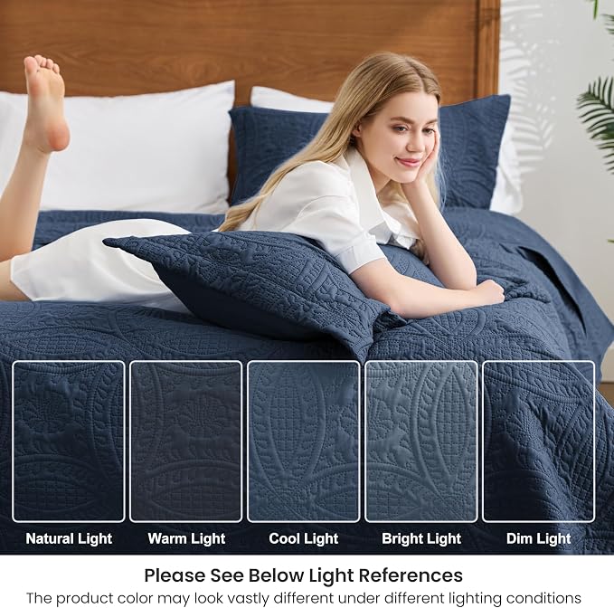 Love's cabin Twin Quilt Set Navy Blue Bedspreads - Soft Bed Summer Lightweight Bedspread Comforter - Modern Style Coin Pattern Coverlet for All Season - 2 Pieces (1 Quilt, 1 Pillow Sham)