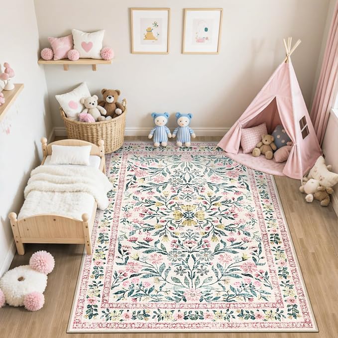 PLHXFR 6x9 Area Rug Living Room: Floral Washable Boho Carpet Pink Green | For Bedroom Dining Room Farmhouse Nursery Hallway,Vintage Floral,Machine washable,Non Slip,Stain Resistant,Large Indoor