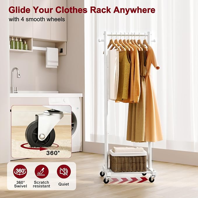 SLEEPING LAMB Small Clothes Racks for Hanging Clothes, Rolling Clothing Rack with Shelves, 60" Metal Garment Rack with Wheels Portable Wardrobe Rack for Small Space, White