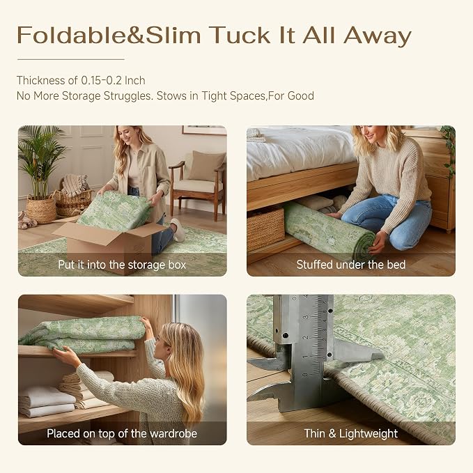 6x9 Green Neutral Area Rug | Washable, Vintage, Soft, Non Slip, Low Pile, Distressed, Carpet for Living Room Bedroom Dining Room Nursery Home Decor