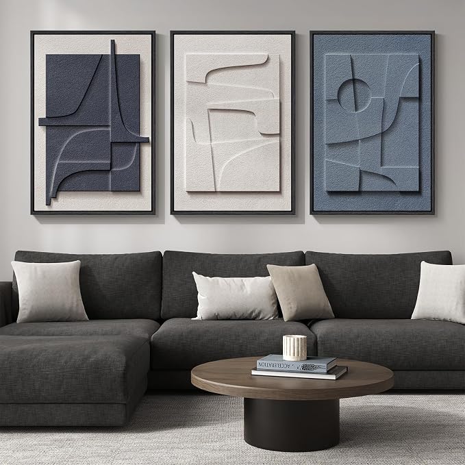 Large Framed Blue Abstract Wall Art for Living Room, Modern 3D Artwork | Solid wood frame, Navy blue and white pictures, Set of 3 piece big 24x36 in, Textured paintings wall decor bedroom office