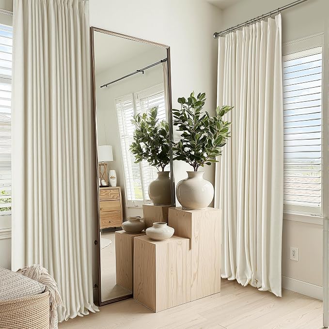 RYB HOME Natural Pinch Pleated Linen Curtains, 100% Blackout Thermal Insulated Double Layer Textured Curtains for Sliding Glass Door Picture Window, Beige, 40" W x L90 L, 2 Panels Set