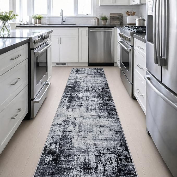 2.6x14 Washable Runner Rug:Modern Abstract Soft Carpet Dark Black | For Hallway, Bedroom, Kitchen, Laundry, Bathroom,Door Mat,Modern Abstract,Machine washable,Non-Slip,Stain Resistant,Indoor