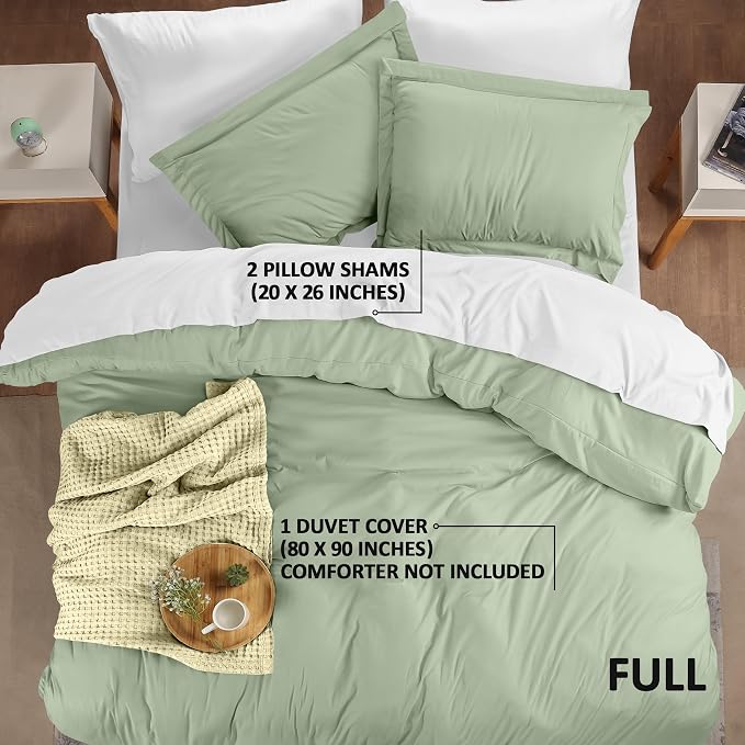 Duvet Cover Full, 3 Piece Cotton Like Polyester With Zipper Closure, Sage | Extra Soft and Breathable, Wrinkle & Fade Resistant, Includes Duvet Cover and 2 Pillow Shams, Comforter Not Included, OekoTex