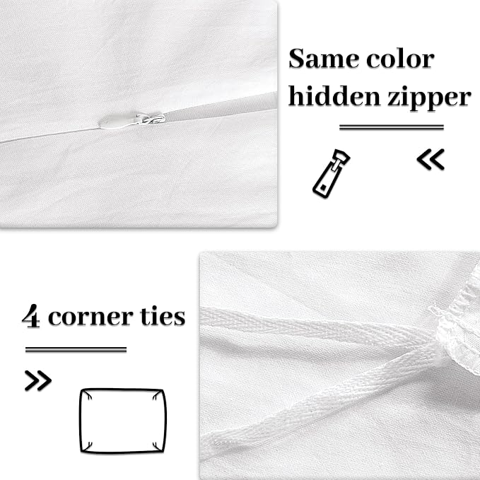 NEXHOME PRO Cotton Duvet Cover Queen Size White, Organic Natural Linen Feel 100% Washed Cotton 3 Pieces Bedding Set with Zipper Closure & Corner Ties, Breathable(No Comforter)