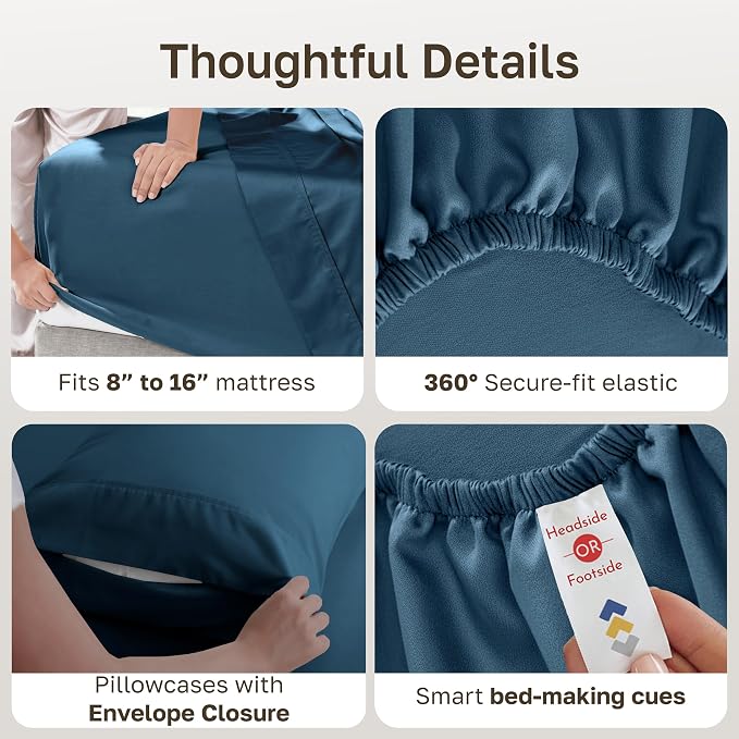 California Design Den 100% Cotton Sateen King Size Sheets, 6 Pc Set | 6 Pc with 4 Pillowcases, 400 Thread Count Backed by Good Housekeeping Seal, 16" Deep Pocket, All-Around Elastic, Peacock Blue