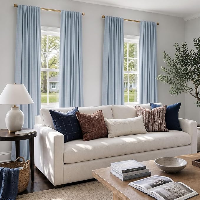 INOVADAY 100% Blackout Linen Curtains for Bedroom 50x96 Chambray Blue | Linen Textured, Light Blocking, Room Darkening, Thermal Insulated, Back Tab Top, Window Curtains for Living Room, 2 Panels