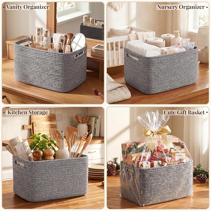 OIASKET 4Packs Natural Cotton Rope Storage Baskets for Organizing Toys, Clothes, Towels & Books, Soft Versatile Organizers for Shelves, Home Decorative Bins, 13''Lx9''Wx7.8''H, Grey
