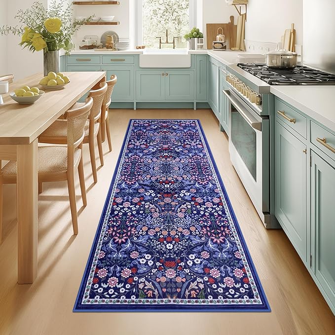 PLHXFR 2.6x8 Washable Runner Rug：Floral Indoor Kitchen Soft Carpet Blue | For Hallway Bedroom Kitchen Laundry Bathroom Dorm,Vintage Floral,Machine washable,Non Slip,Stain Resistant,Indoor Floor