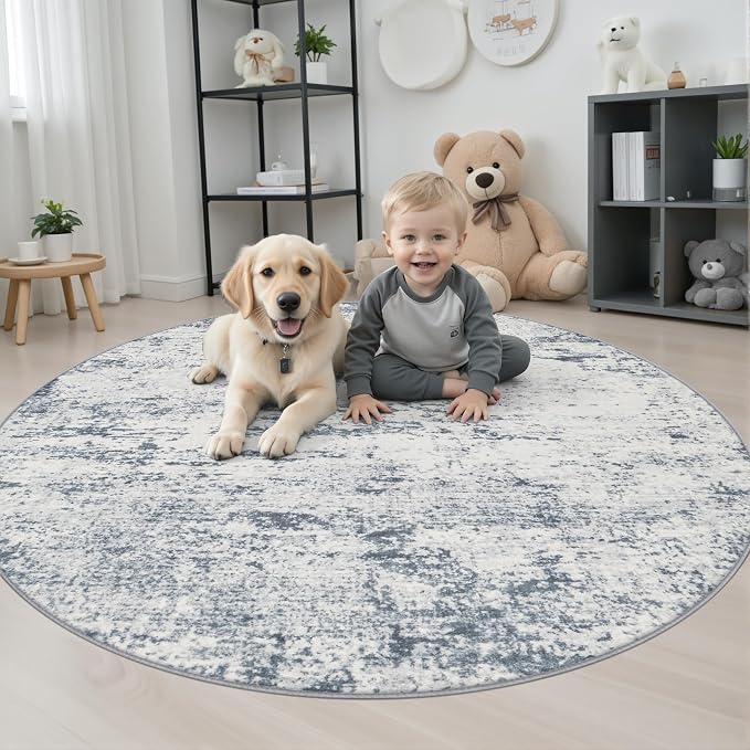 Round Area Rug Living Room: 5 ft Modern Washable Indoor Carpet | For Bedroom Dining Room Farmhouse Nursery Hallway Office,Modern Abstract,Machine washable,Non-Slip,Stain Resistant,Indoor