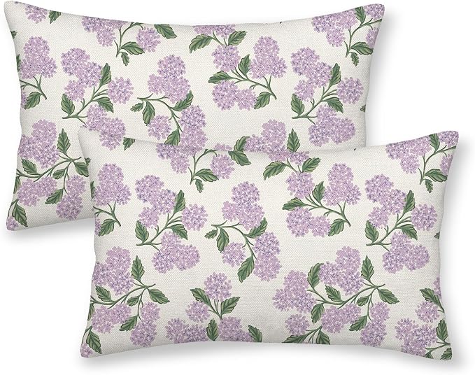 Purple Pink Pillow Covers 12x20 Inch 2 Pcs Green Hydrangea Flower Decor Throw Pillows Vintage Floral Seasonal Spring Summer Outdoor Decoration Pillowcase Linen Cushion Cover for Couch Sofa