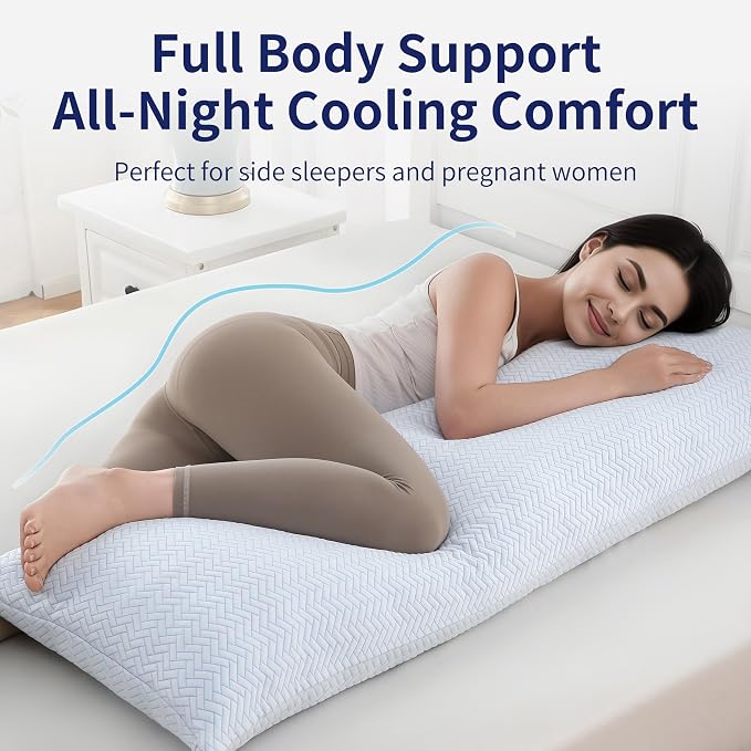 DOWNCOOL Cooling Body Pillow 1 Pack, Shredded Memory Foam Long Pillow | Full Body Support, Adjustable Loft, Firm, Cool Pillow for Hot Sleepers, Side Sleepers, Pregnant, Removable Cover, 20"X54"