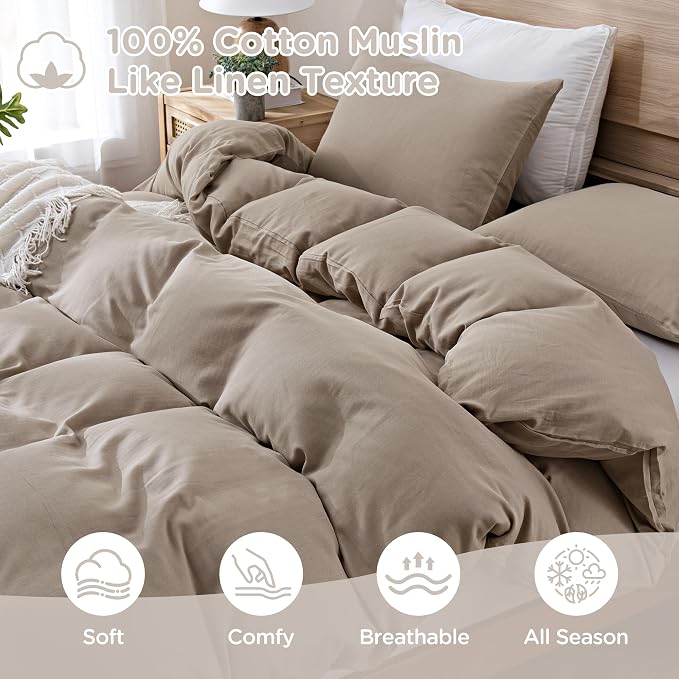 TOCOMOA 100% Muslin Cotton Duvet Cover Set, Taupe, Queen | Linen-Like Texture. Ultra Soft, Breathable, Comfy & Lightweight Fall Bedding Set with Zipper & 8 Ties. 3 Pcs, No Insert