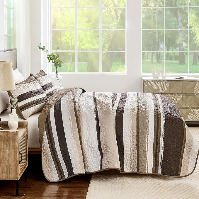 WONGS BEDDING Striped King Quilt Bedding Set, Brown Lightweight Bedspread | Lightweight Microfiber Coverlet, Breathable All-Season, Machine Washable, 3-Piece Set 110"x90", Great for Men Boys Dorm Room