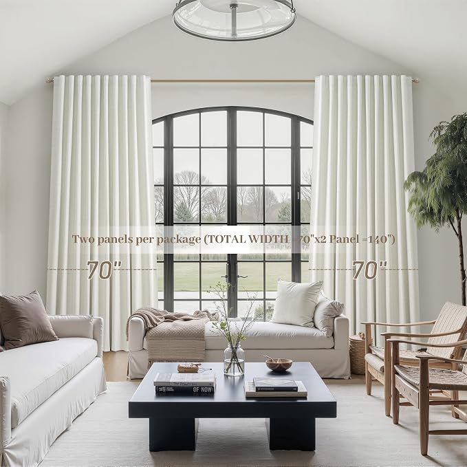 Cute Blackout Curtains 70 Inches Extra Wide Linen 90 Inch Length for Living Room/Sliding Glass Door,Pleated Heavy Duty Thermal Drapes for Winter Thick Large Window(70"Wx90"L 2 Panels Beige White)