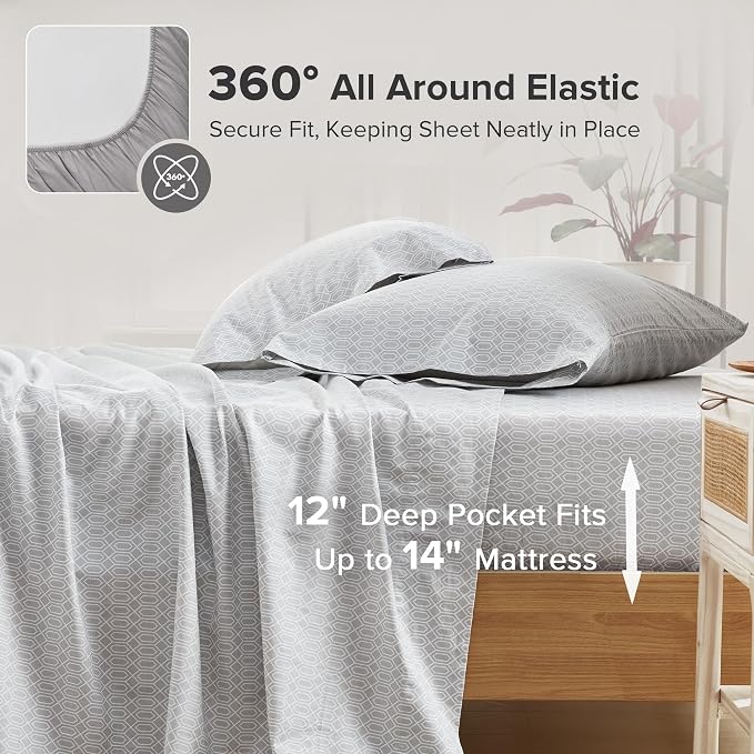 Comfort Spaces 100% Cotton Percale Sheets Twin XL Size 3 Pcs, Diamond Grey | Crisp, Cool & Breathable Bed Sheets, 12" Deep Pocket Fits Up to 14" Mattress, Lightweight, All Season Cozy, with Pillow Case