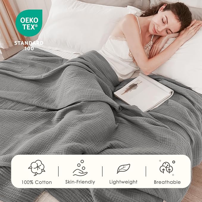 EMME Muslin Blankets for Adults Throw Blanket for Couch Breathable Gauze Soft Lightweight Airy Grey Queen 90" x 90"