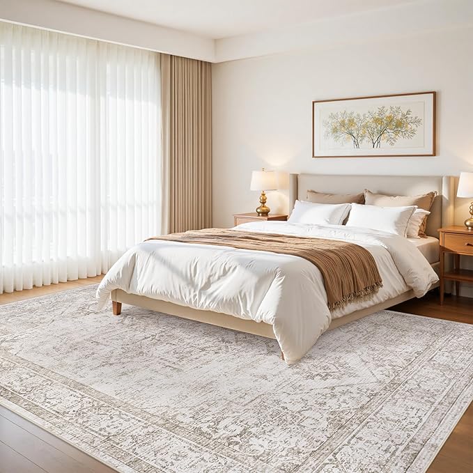 9x12 Washable Area Rugs for Living Room Beige Brown Non-Slip Rug | Vintage Medallion Rug，Soft Low Pile Large Rugs，Indoor Retro Carpet for Bedroom Nursery Dining Table Farmhouse Home Office