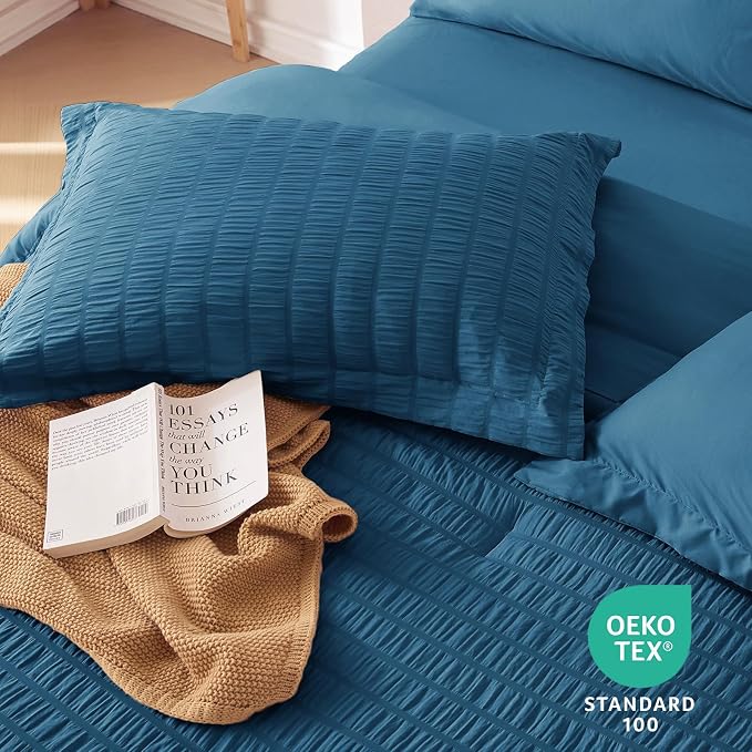 7 Pieces California King Comforter Set, Seersucker Bed in a Bag Cal King Size, All Season Luxury Bedding Set with Comforter, Flat Sheet, Fitted Sheet, Pillowcases & Shams, Teal