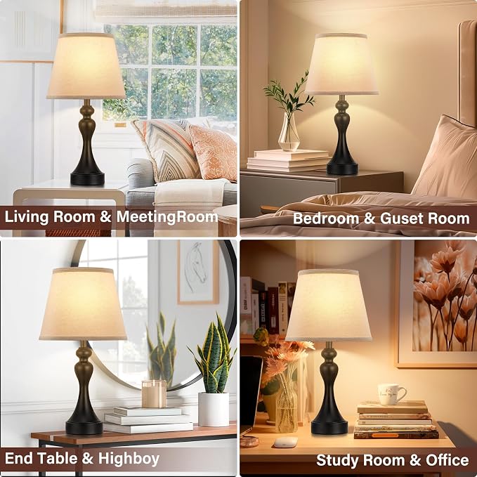 Touch Lamps for Nightstand, 3 Way Dimmable Bedside Lamps with USB C+A Ports | Touch Control, LED Bulb Included, Small Black Table Lamp for Bedroom, Night Stands, End Table, Gift，Corded