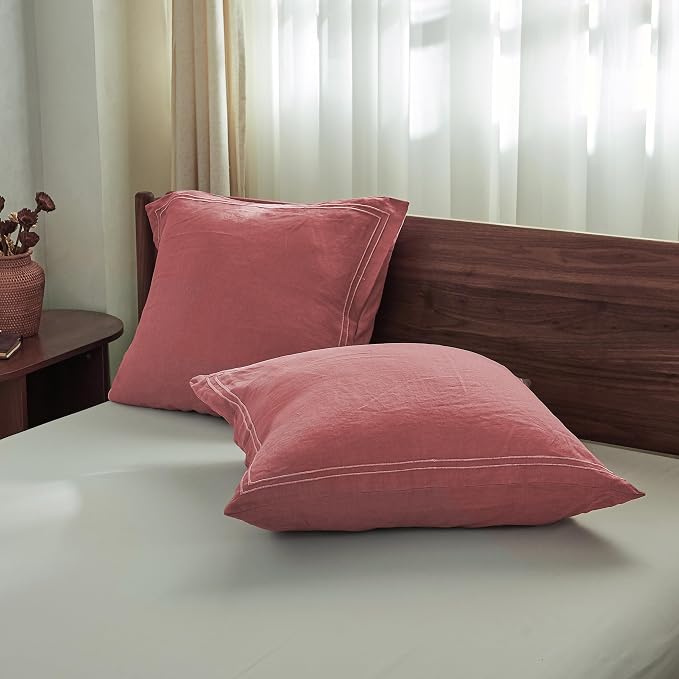 Simple&Opulence 100% French Linen Euro Shams with Embroidery (26'' x 26'') - Pack of 2 - Pre Washed Solid Color Natural Flax Soft Breathable - Coral Red