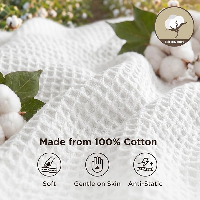 Bedsure 100% Cotton Blanket Queen Size for Bed - Cooling Breathable and Soft for Summer, Thick Cozy Waffle Weave Blanket Gifts for Women, White, 90x90 Inches (Pack of 3)