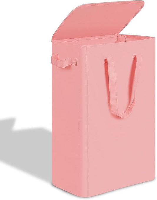 efluky Slim Laundry Basket with Lid, Narrow Laundry Hamper with Handles, Collapsible Dirty Clothes Hamper, Tall Laundry Bin for Laundry Room, Dorm and Bedroom, 55L pink