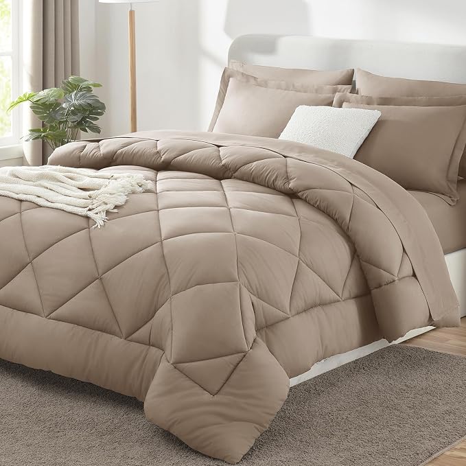 Full Size Comforter Sets Khaki - 7 Pieces Complete Bedding Set | OEKO-TEX Certified, All Season, 240GSM Down-Alternative Comforter, Sheets, Pillowcases & Shams, 14" Deep Pocket, Easy Care