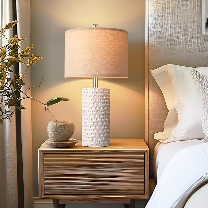 23" Modern Ceramic Table Lamp Set of 2, Table Lamps for Living Room, Rustic Farmhouse Bedside Lamps Nightstand lamp for Bedroom, White Desk Lamp for End Table Home Decor Beige