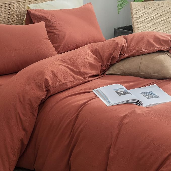 BESTOUCH Cotton Solid Duvet Cover Set Linen Feel Crimson Red King | 100% Washed Cotton, Soft Wrinkle Texture, Hidden Zipper, 8 Ties, Breathable Lightweight Durable Comfy, 3 Pcs No Insert