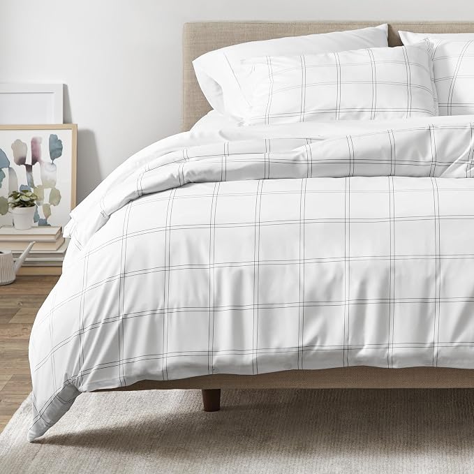 Bare Home Duvet Cover Set 1800 Ultra-Soft (Full, Modern Plaid - White/Grey) | Lightweight, Cooling, Breathable, Premium 1800 Ultra-Soft, All-Season