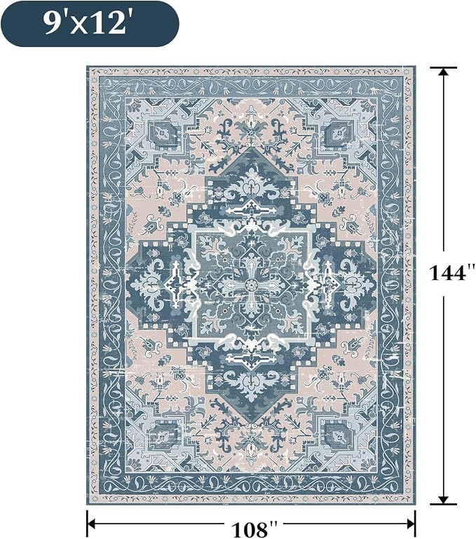 Rugflix 9x12 Area Rugs for Living Room, Washable Light Blue Large Rug | Machine Washable; Stain-Resistant; Low Pile; Non-Slip; Boho Vintage Printed; Carpet for Bedroom Dining Office Nursery Home